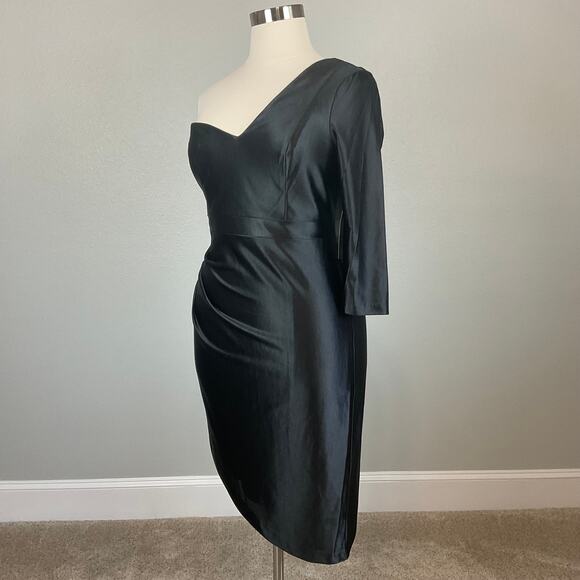 Aidan Mattox Satin One Shoulder Mini Sheath Cocktail Dress Black Size 12 - Picture 4 of 12